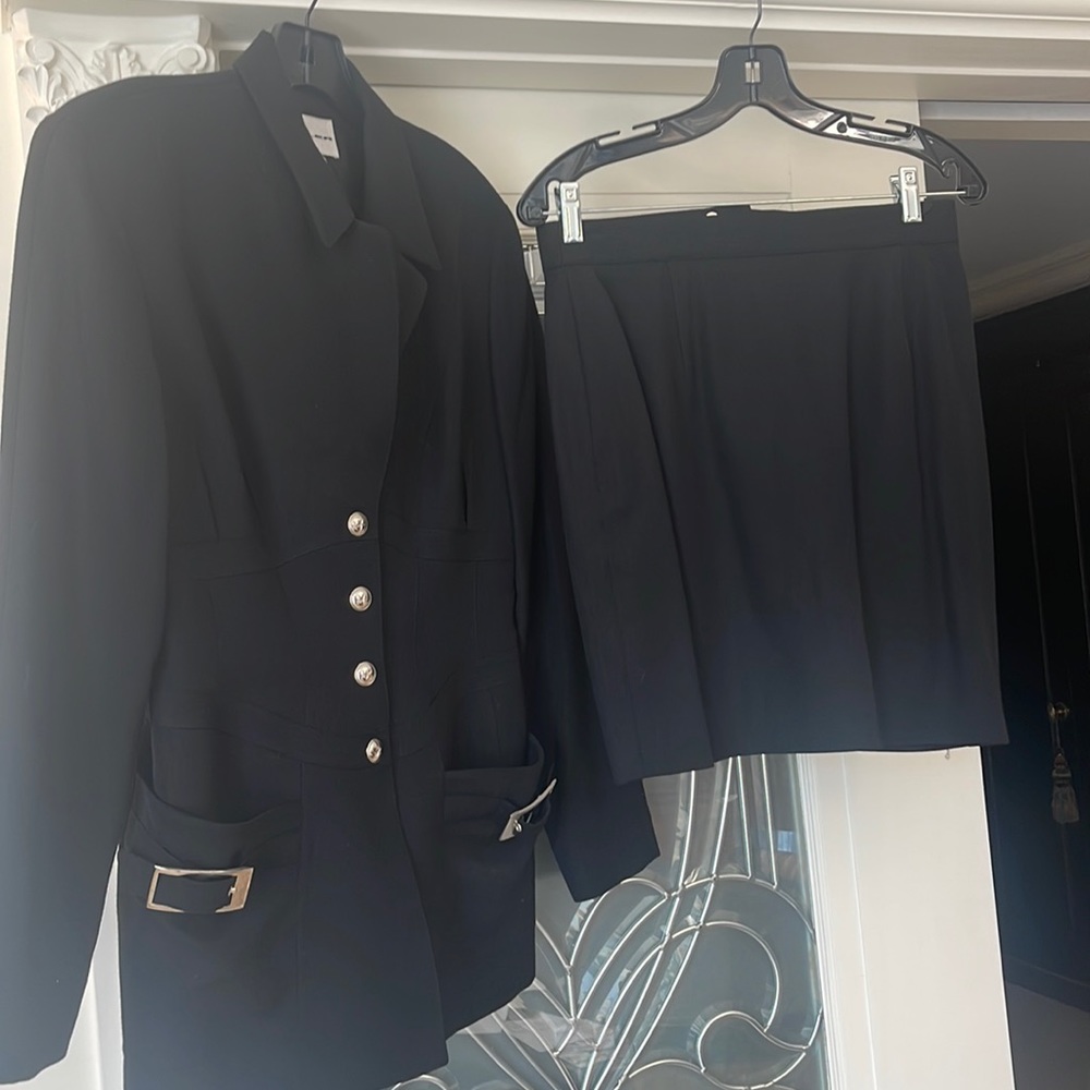 Vintage Mugler Black Skirt Suit with Button Down Round Sliver Buttons Size 42